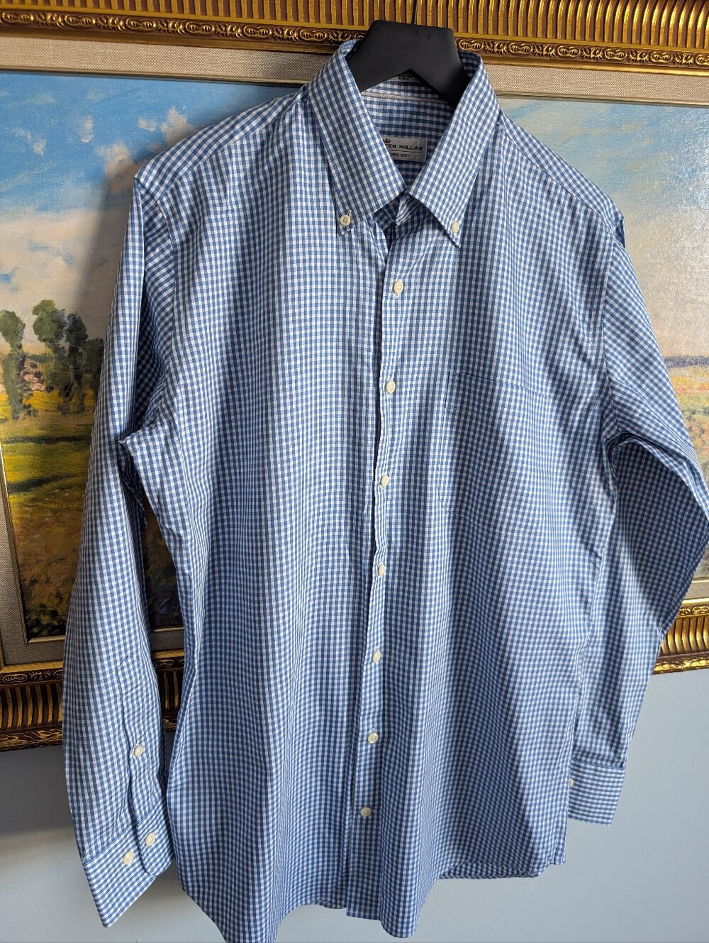 Peter Millar Blue and White Gingham Silk Shirt